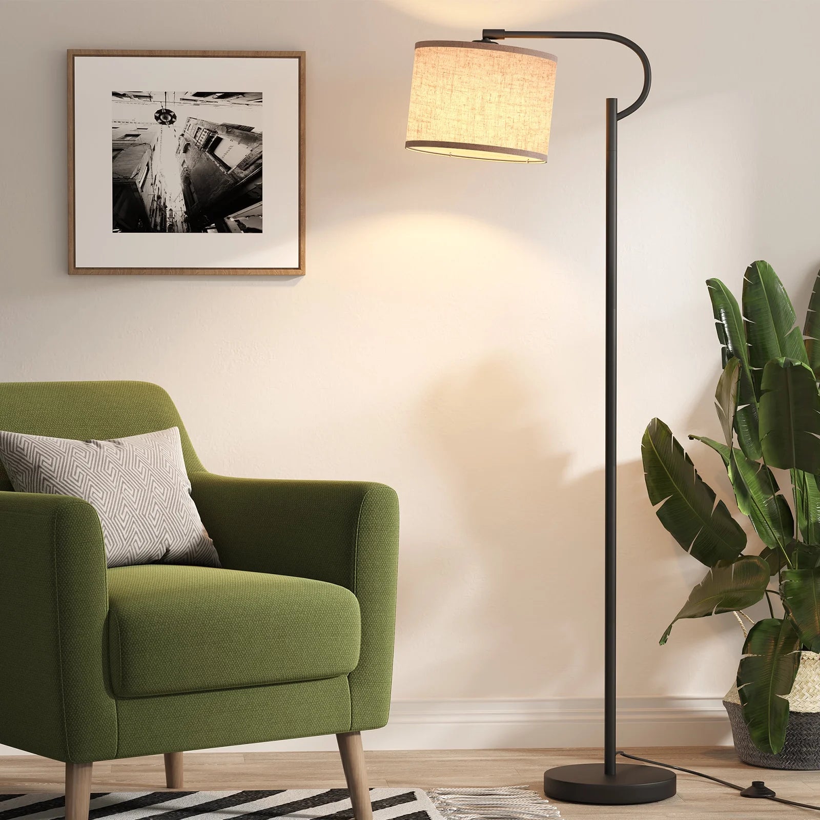 63" Arc Floor Lamp for Living Room, Dimming Standing Lamp with Linen Shade, Tall Lamp with 3 Color Temperature LED, Metal Modern Floor Lamps for Bedroom, Office, Bulb Included, Black