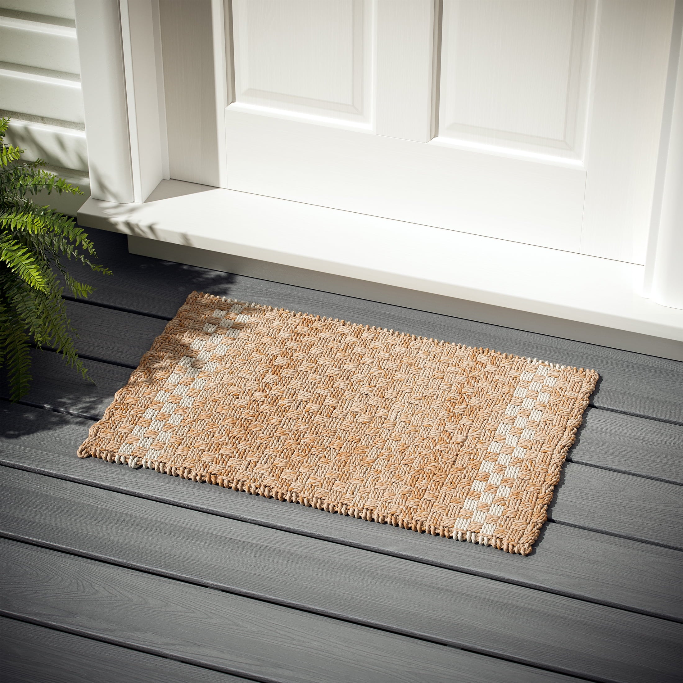Beautiful Outdoor Handwoven Jute Doormat by Drew Barrymore, 18" X 30", White/Natural