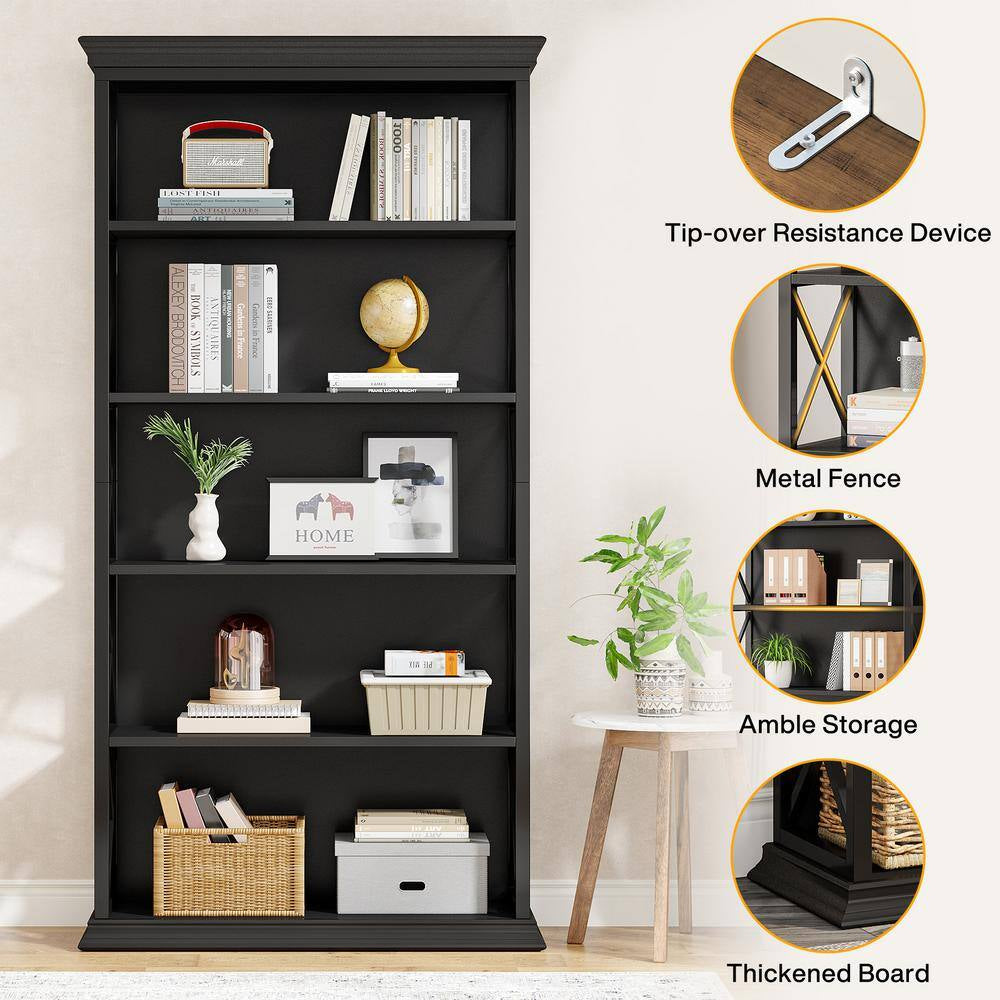 70.9 In. Tall Black Engineered Wood 5-Shelf Etagere Bookcase W/ Metal Frame, 5-Tier Indsutrial Bookshelf Home Office