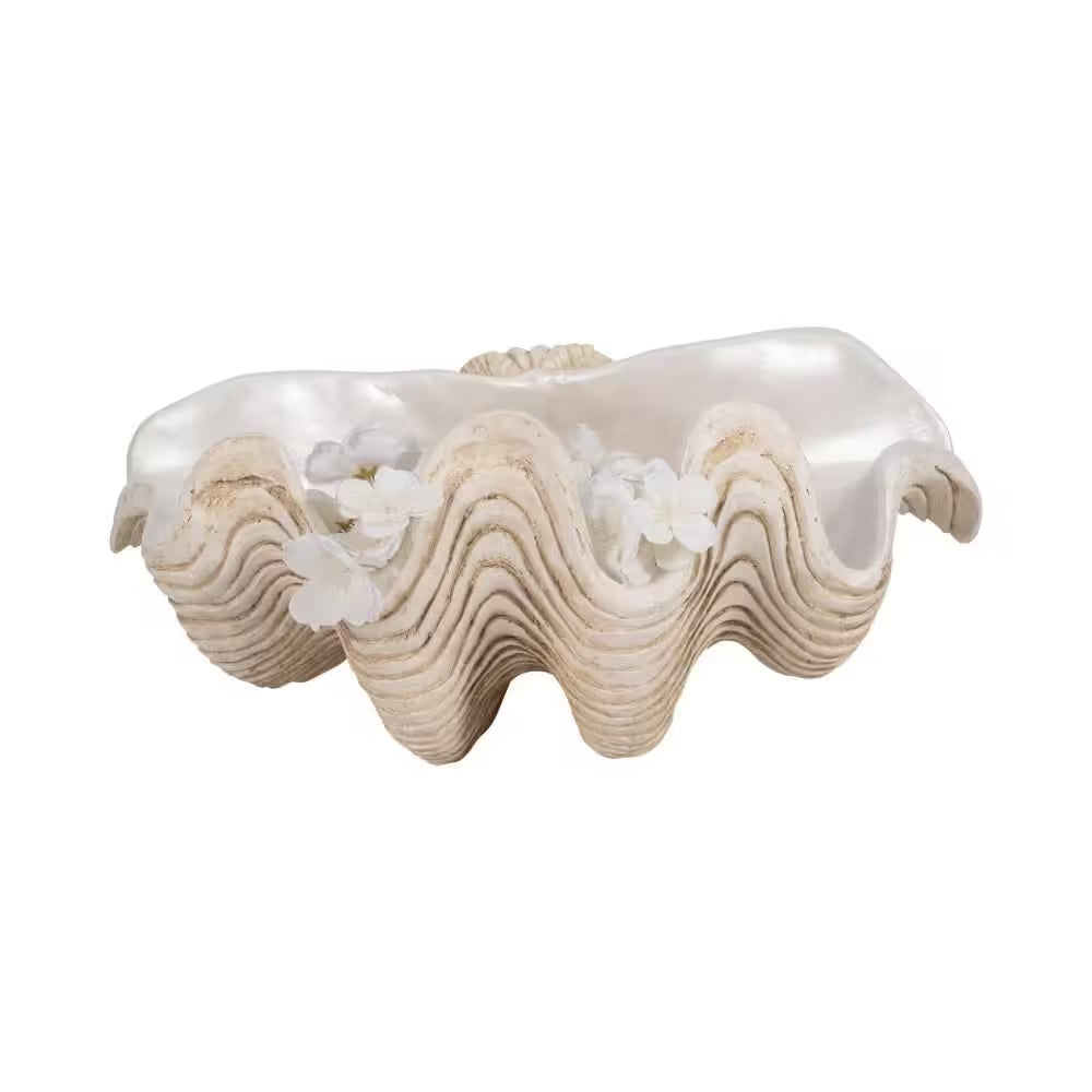 Ivory 16 In. X 11 In. Resin Coastal Pearlized Clam Shell Decorative Bowl