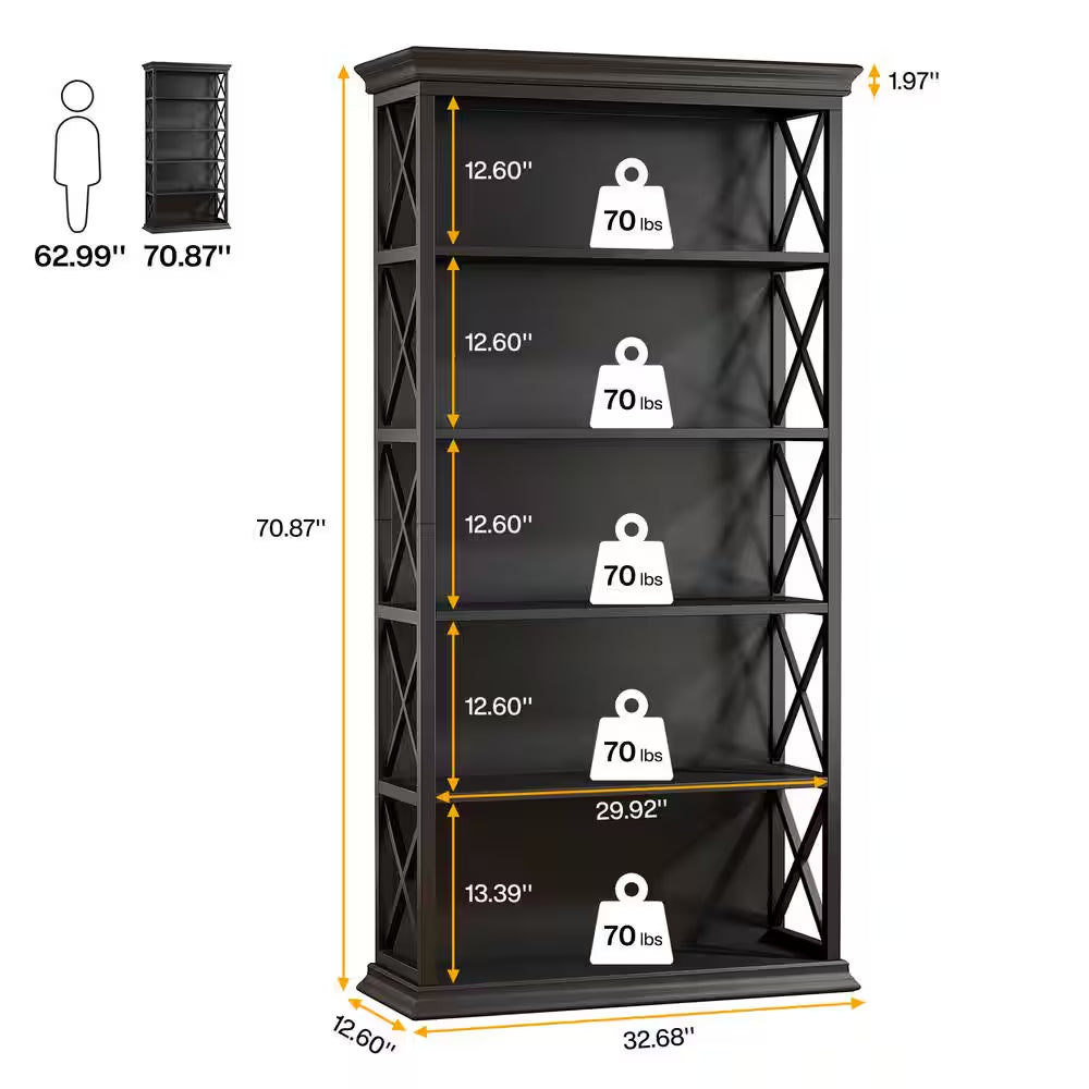 70.9 In. Tall Black Engineered Wood 5-Shelf Etagere Bookcase W/ Metal Frame, 5-Tier Indsutrial Bookshelf Home Office