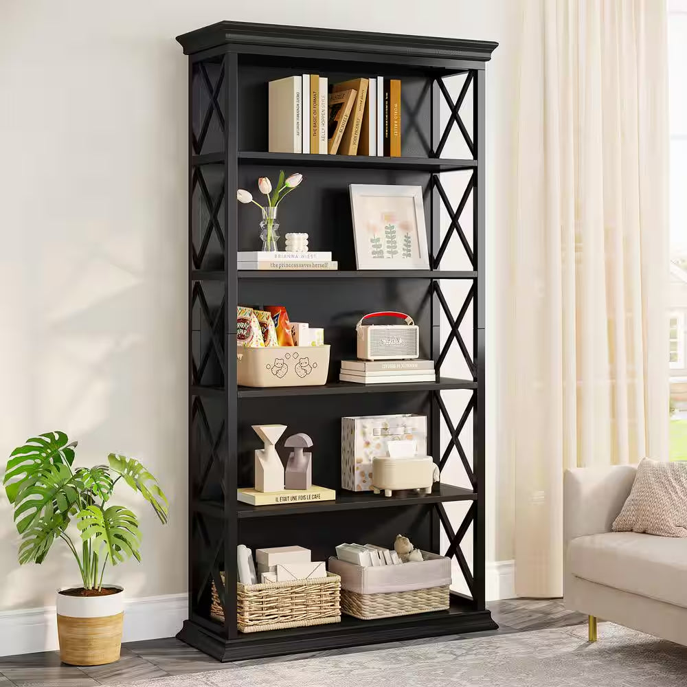 70.9 In. Tall Black Engineered Wood 5-Shelf Etagere Bookcase W/ Metal Frame, 5-Tier Indsutrial Bookshelf Home Office