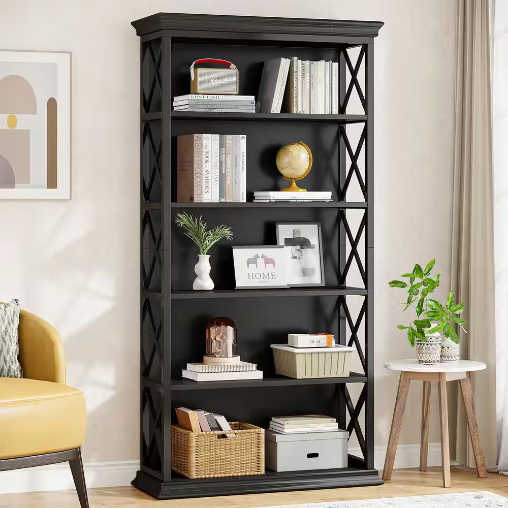 70.9 In. Tall Black Engineered Wood 5-Shelf Etagere Bookcase W/ Metal Frame, 5-Tier Indsutrial Bookshelf Home Office