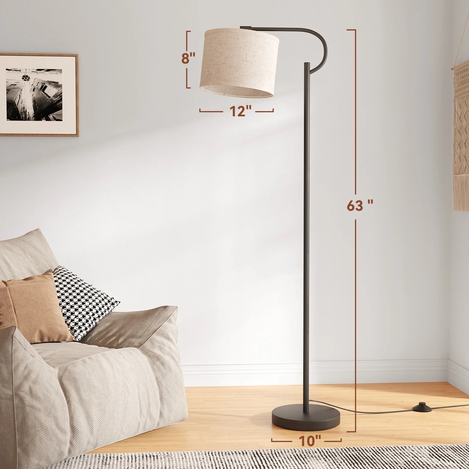 63" Arc Floor Lamp for Living Room, Dimming Standing Lamp with Linen Shade, Tall Lamp with 3 Color Temperature LED, Metal Modern Floor Lamps for Bedroom, Office, Bulb Included, Black