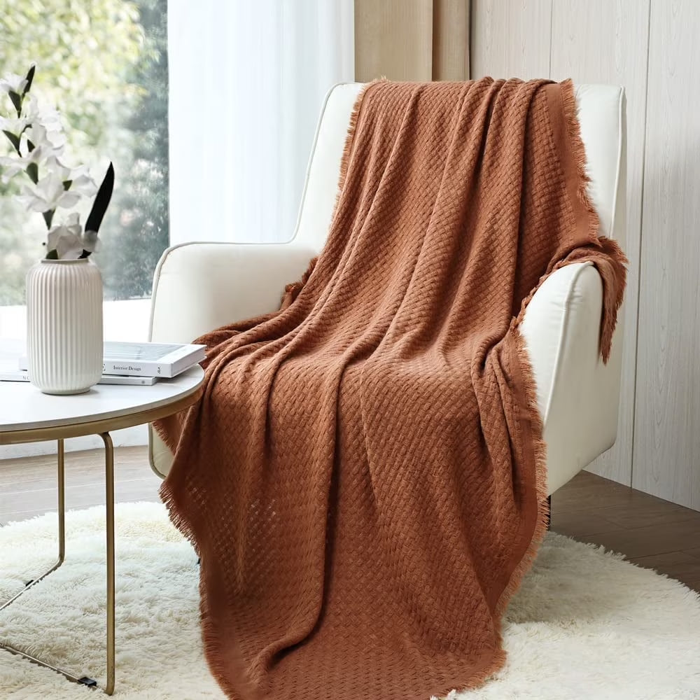 Farmhouse Rust Knit Throw Blanket for Couch Sofa Chair Bed Home Decoration, Soft Warm Cozy Light Weight for Spring Summer Fall (50''X60'' Caramel/Rust)