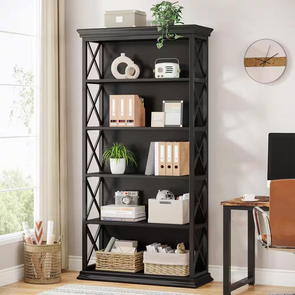 70.9 In. Tall Black Engineered Wood 5-Shelf Etagere Bookcase W/ Metal Frame, 5-Tier Indsutrial Bookshelf Home Office