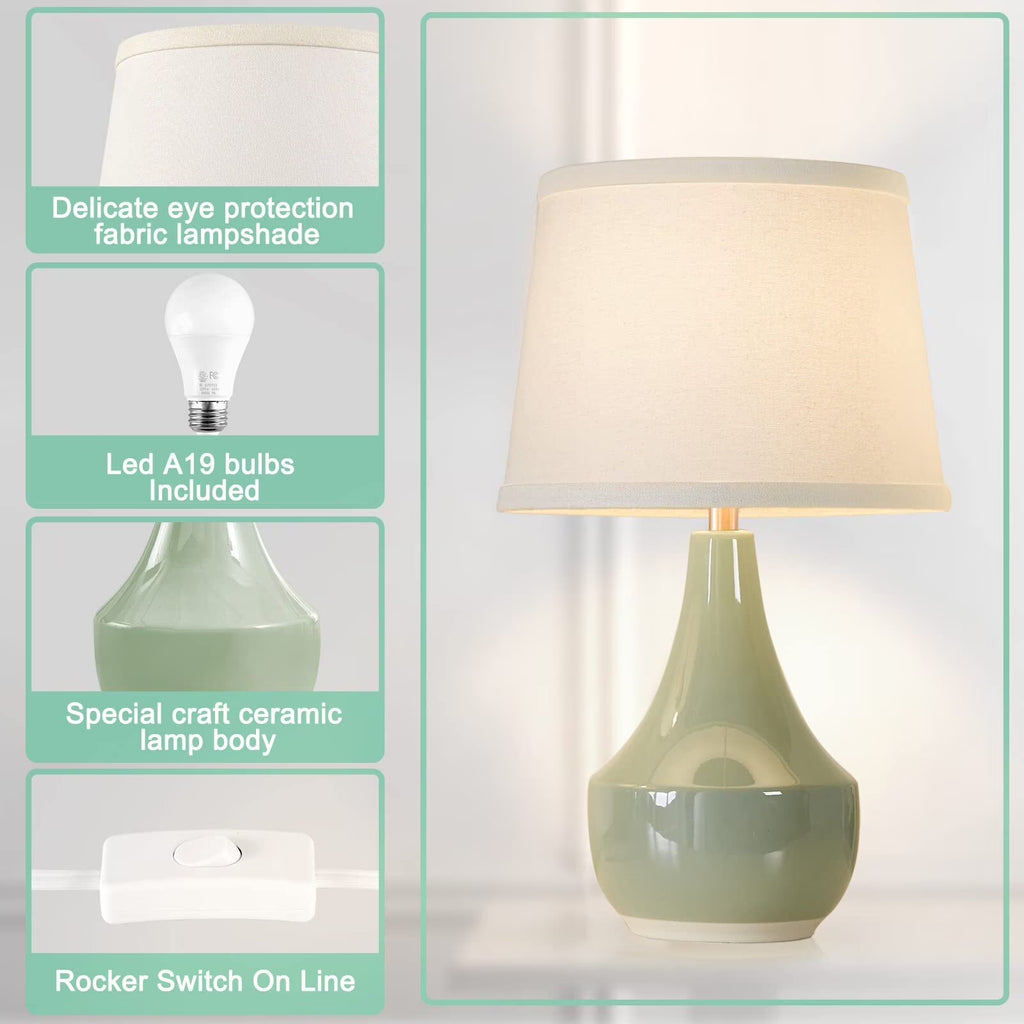 Table Lamp Set of 2, 18.6In Tall Ceramic Table Lamp Classic beside Lamps Nightstand Lamp Modern Table Lamp for Living Room, Bedroom & Office Rocker Swtich Sage Green-Led Bulbs Included