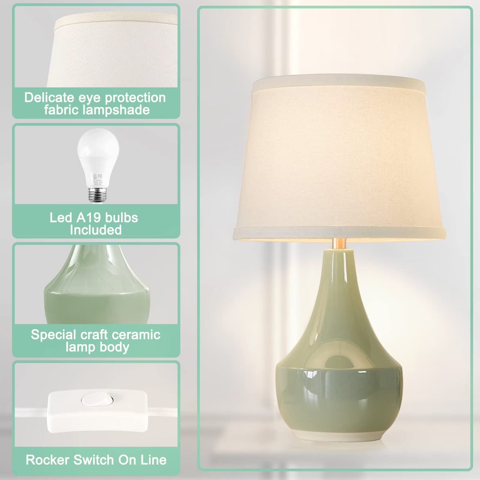 Table Lamp Set of 2, 18.6In Tall Ceramic Table Lamp Classic beside Lamps Nightstand Lamp Modern Table Lamp for Living Room, Bedroom & Office Rocker Swtich Sage Green-Led Bulbs Included