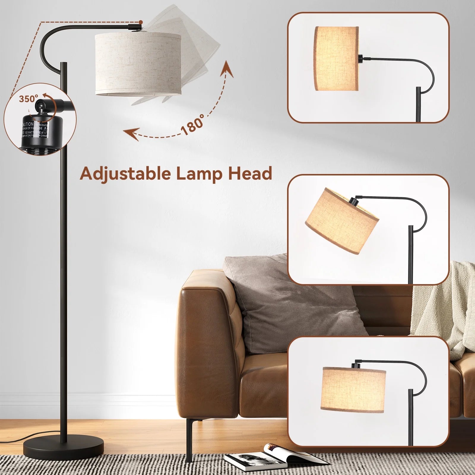 63" Arc Floor Lamp for Living Room, Dimming Standing Lamp with Linen Shade, Tall Lamp with 3 Color Temperature LED, Metal Modern Floor Lamps for Bedroom, Office, Bulb Included, Black