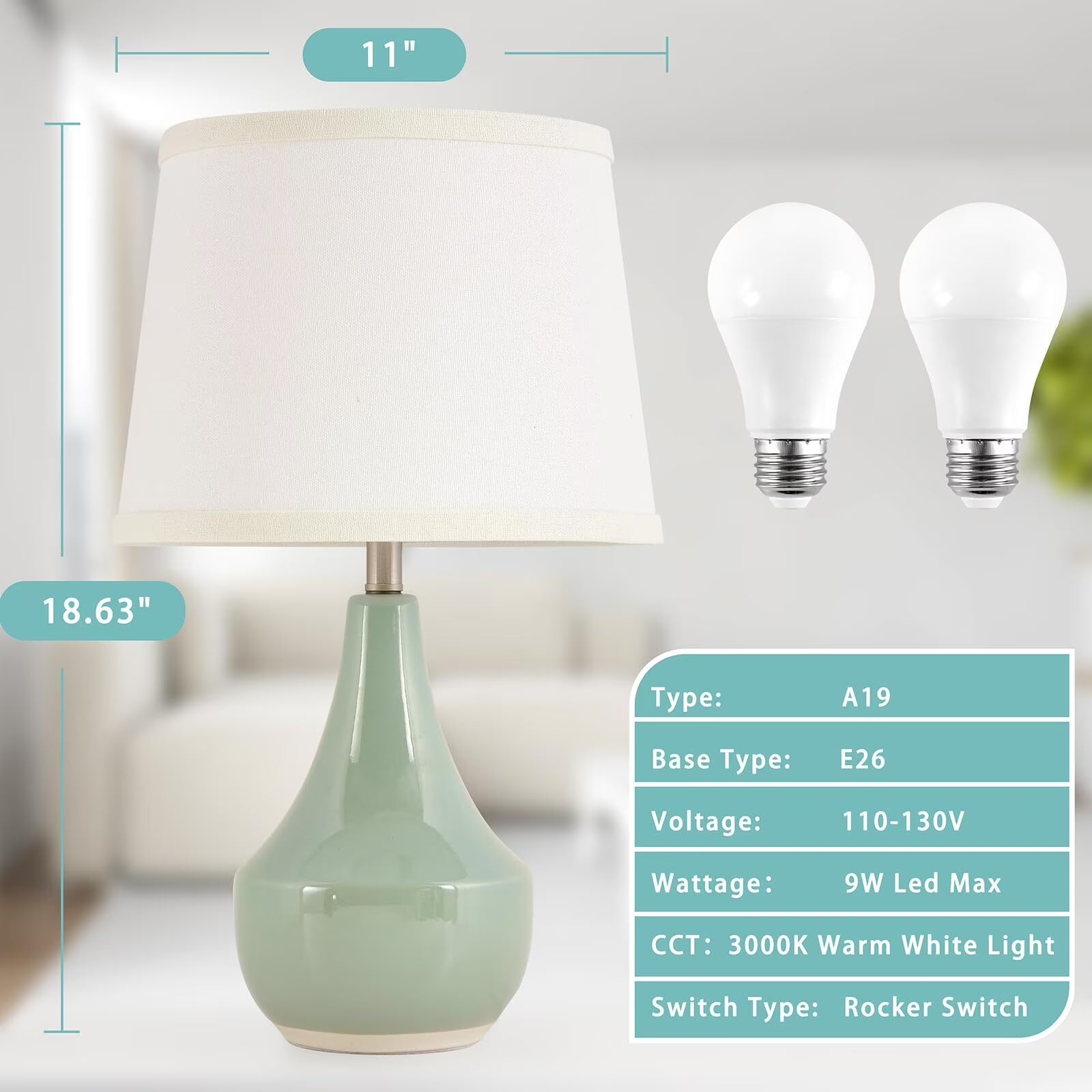 Table Lamp Set of 2, 18.6In Tall Ceramic Table Lamp Classic beside Lamps Nightstand Lamp Modern Table Lamp for Living Room, Bedroom & Office Rocker Swtich Sage Green-Led Bulbs Included