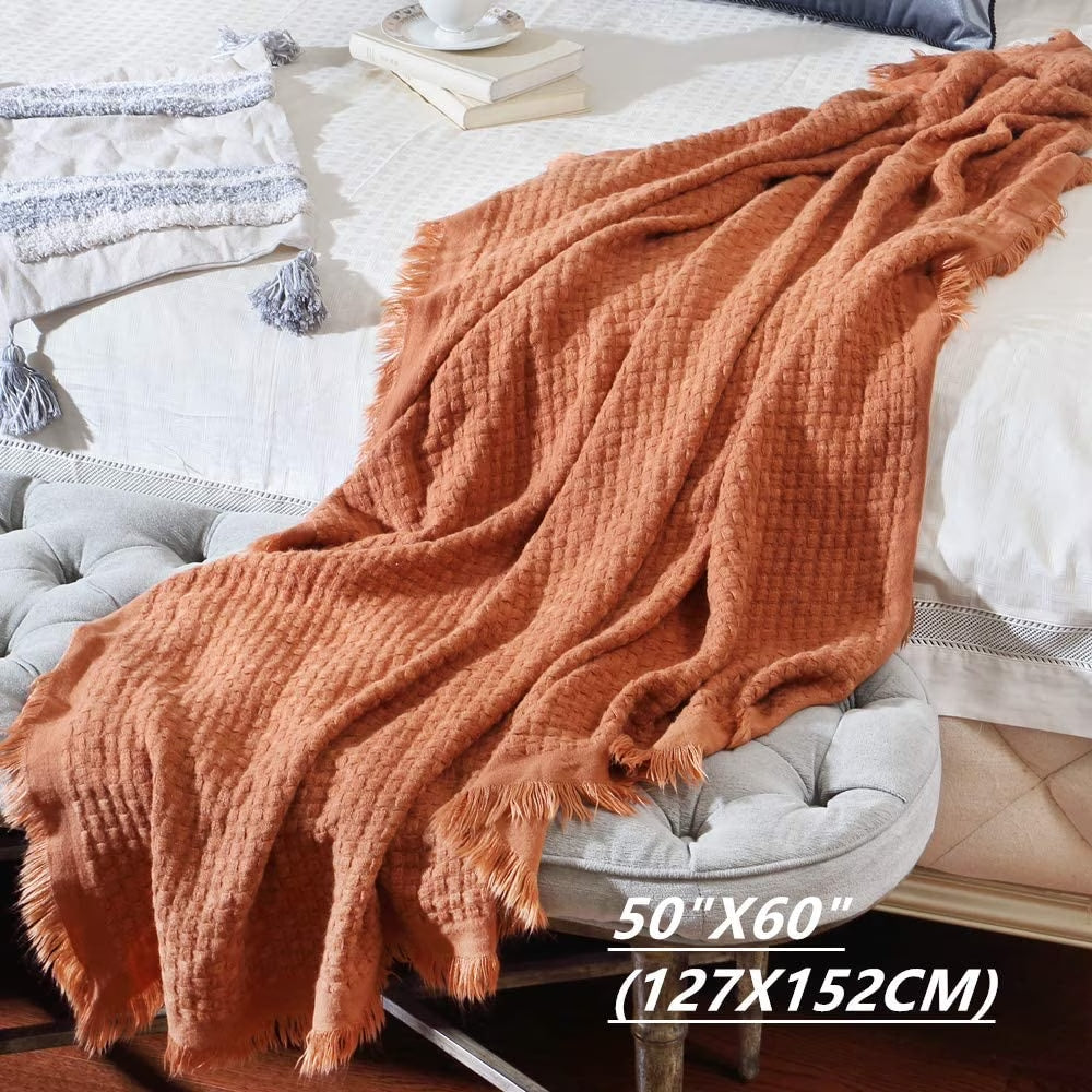 Farmhouse Rust Knit Throw Blanket for Couch Sofa Chair Bed Home Decoration, Soft Warm Cozy Light Weight for Spring Summer Fall (50''X60'' Caramel/Rust)