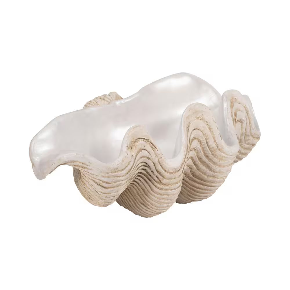 Ivory 16 In. X 11 In. Resin Coastal Pearlized Clam Shell Decorative Bowl