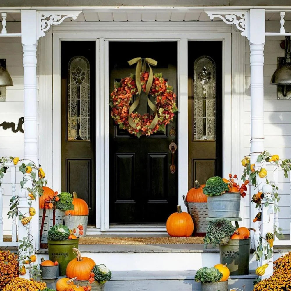 Fall Wreaths for Front Door, 11.8Inch Autumn Wreath with Bow Fall Outdoor Wreath for Harvest Thanksgiving Halloween Decorations Home Decor