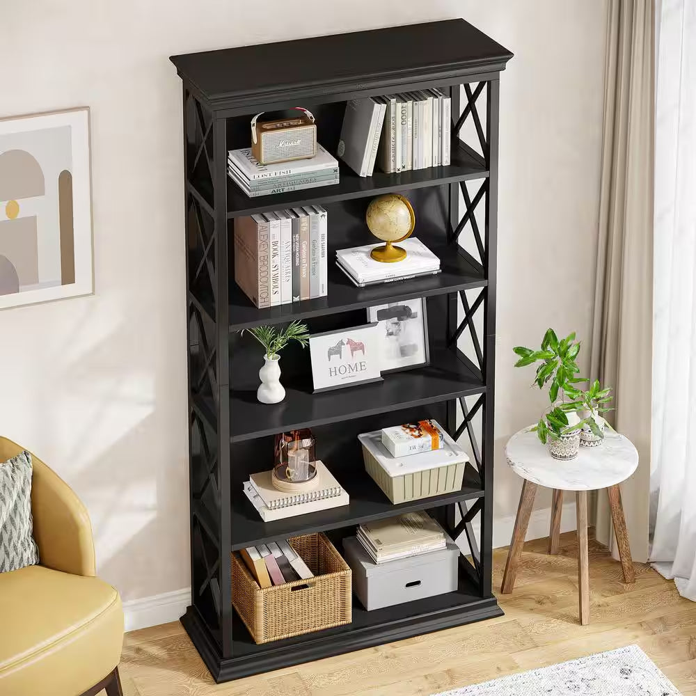 70.9 In. Tall Black Engineered Wood 5-Shelf Etagere Bookcase W/ Metal Frame, 5-Tier Indsutrial Bookshelf Home Office