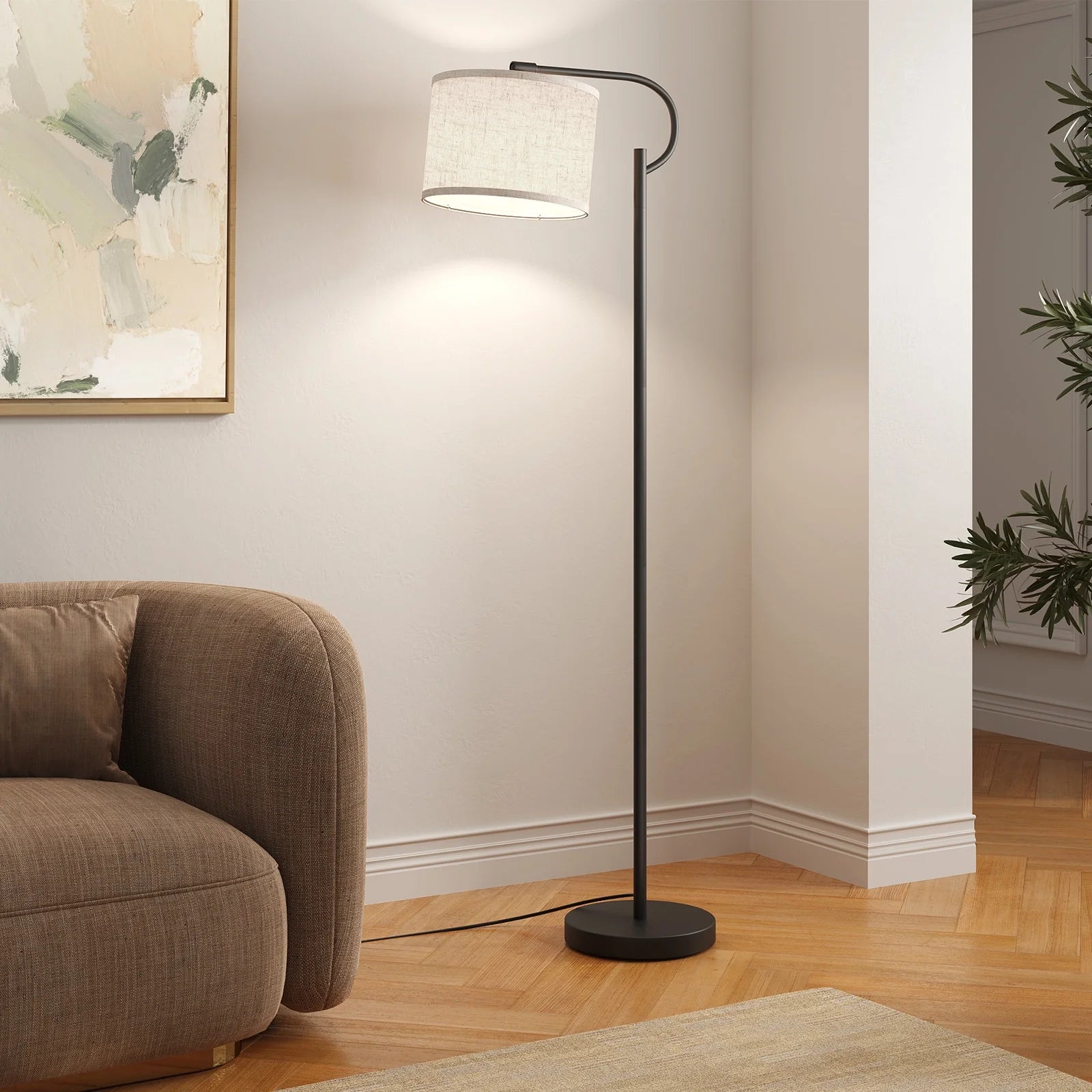 63" Arc Floor Lamp for Living Room, Dimming Standing Lamp with Linen Shade, Tall Lamp with 3 Color Temperature LED, Metal Modern Floor Lamps for Bedroom, Office, Bulb Included, Black