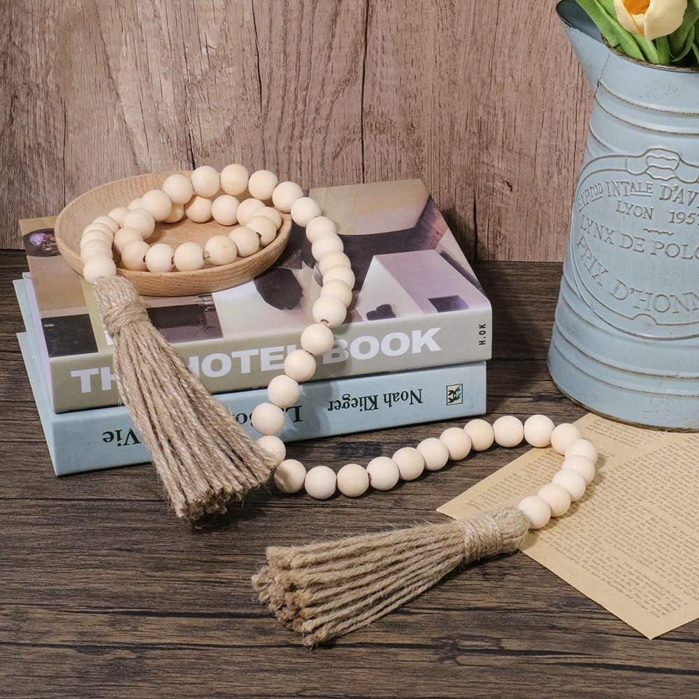 3Pcs Farmhouse Beads Wood Bead Garland with Tassels