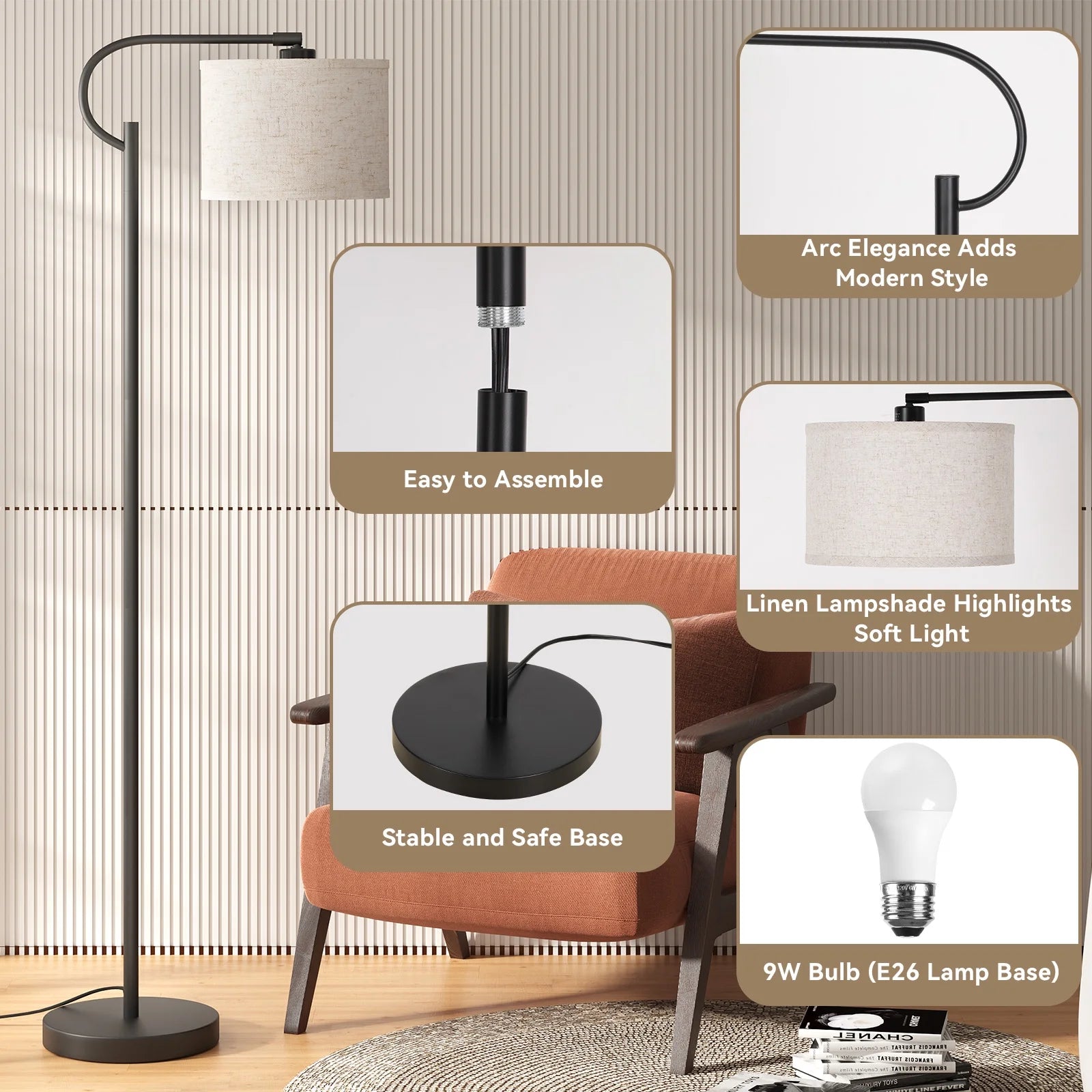 63" Arc Floor Lamp for Living Room, Dimming Standing Lamp with Linen Shade, Tall Lamp with 3 Color Temperature LED, Metal Modern Floor Lamps for Bedroom, Office, Bulb Included, Black