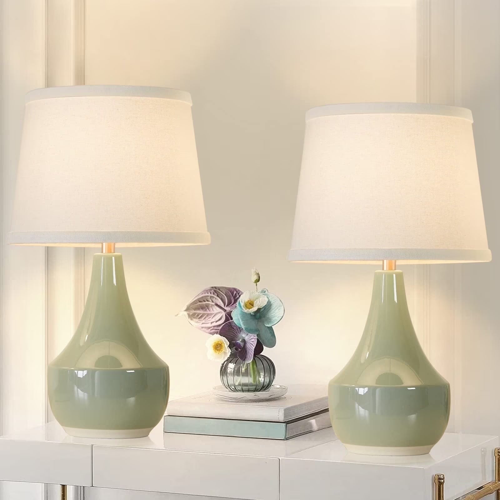 Table Lamp Set of 2, 18.6In Tall Ceramic Table Lamp Classic beside Lamps Nightstand Lamp Modern Table Lamp for Living Room, Bedroom & Office Rocker Swtich Sage Green-Led Bulbs Included