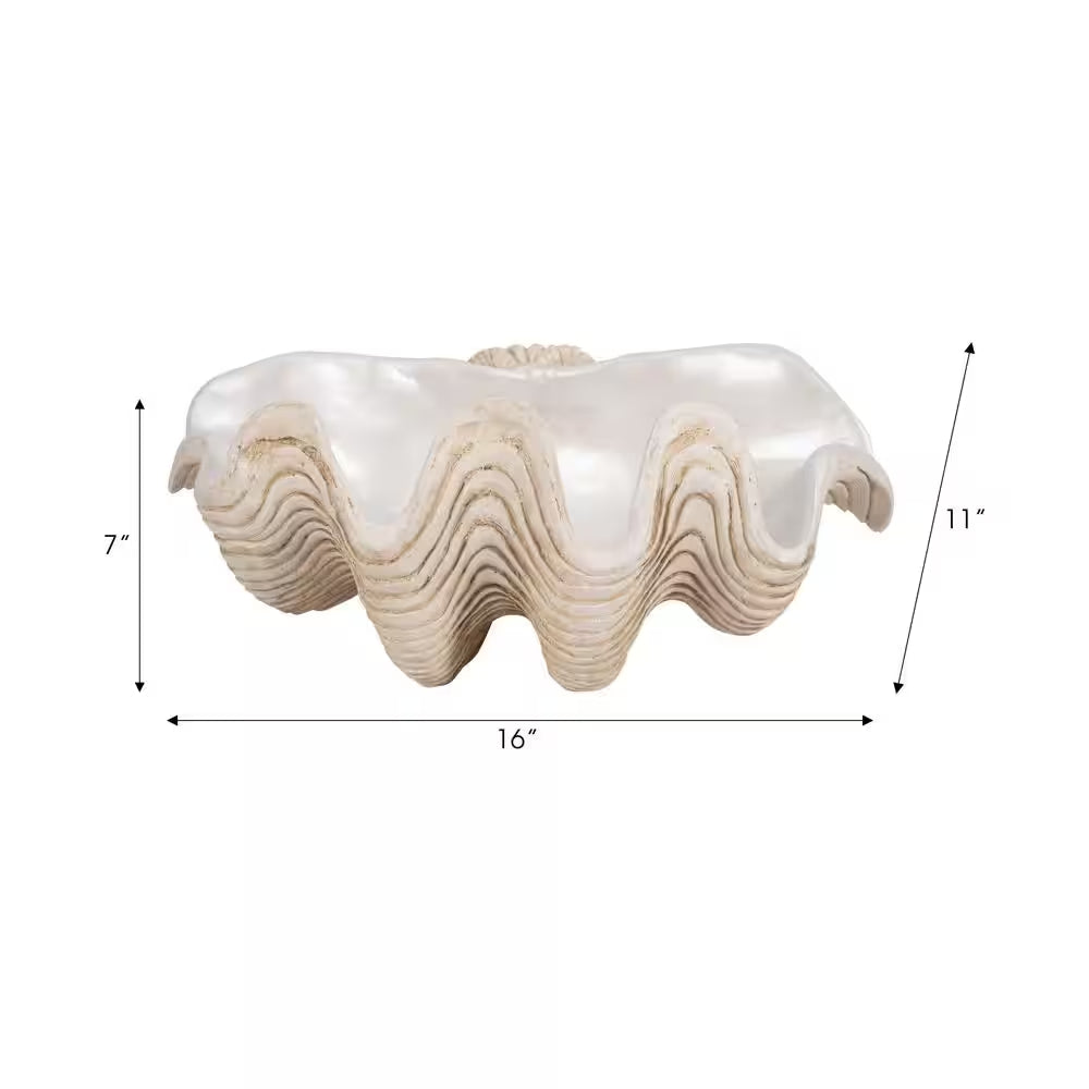 Ivory 16 In. X 11 In. Resin Coastal Pearlized Clam Shell Decorative Bowl