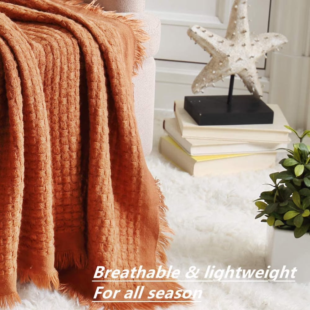 Farmhouse Rust Knit Throw Blanket for Couch Sofa Chair Bed Home Decoration, Soft Warm Cozy Light Weight for Spring Summer Fall (50''X60'' Caramel/Rust)
